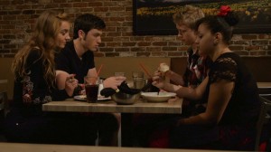 Marina Michelle, Ryan Dinneen, Daniel Jones and Rochelle Wilson (l to r) pretend to eat during a scene.  Craft services provided food for cast and crew between takes.